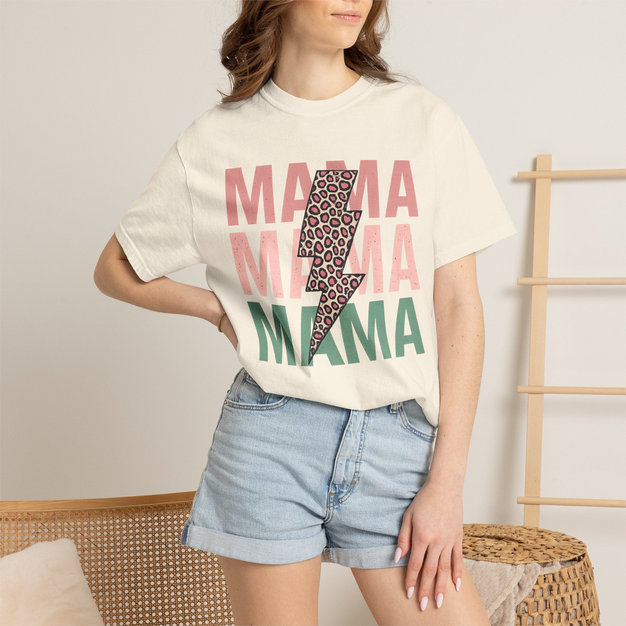 Mama Lightning Bolt T‑Shirt — Leopard Print Lightning & Retro Repeat “MAMA” Graphic