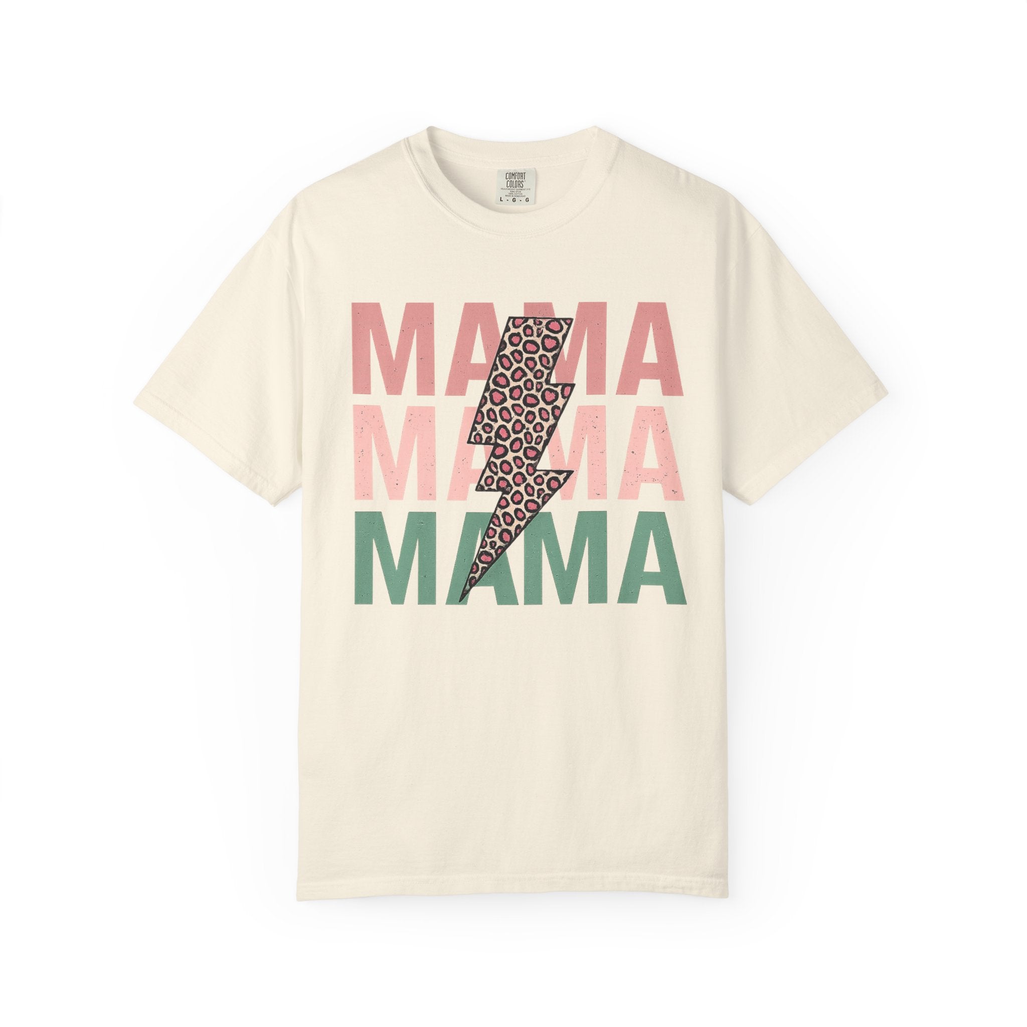 Mama Lightning Bolt T‑Shirt — Leopard Print Lightning & Retro Repeat “MAMA” Graphic