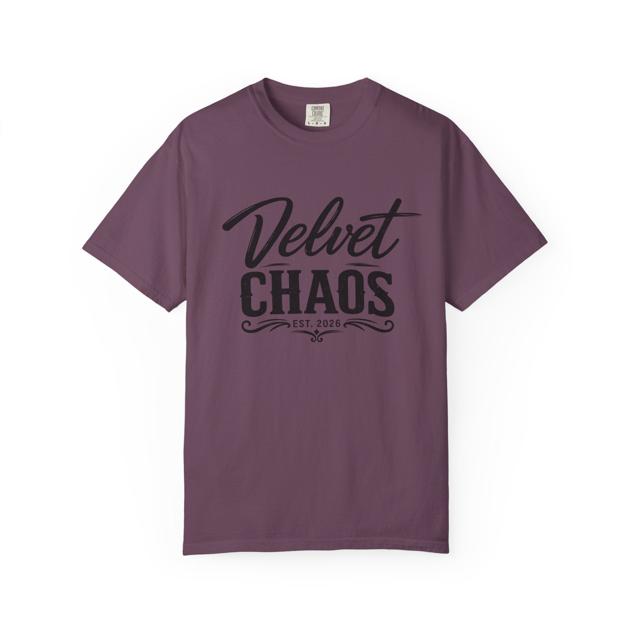 Velvet Chaos Graphic Tee — Vintage Script "Velvet Chaos" T‑Shirt