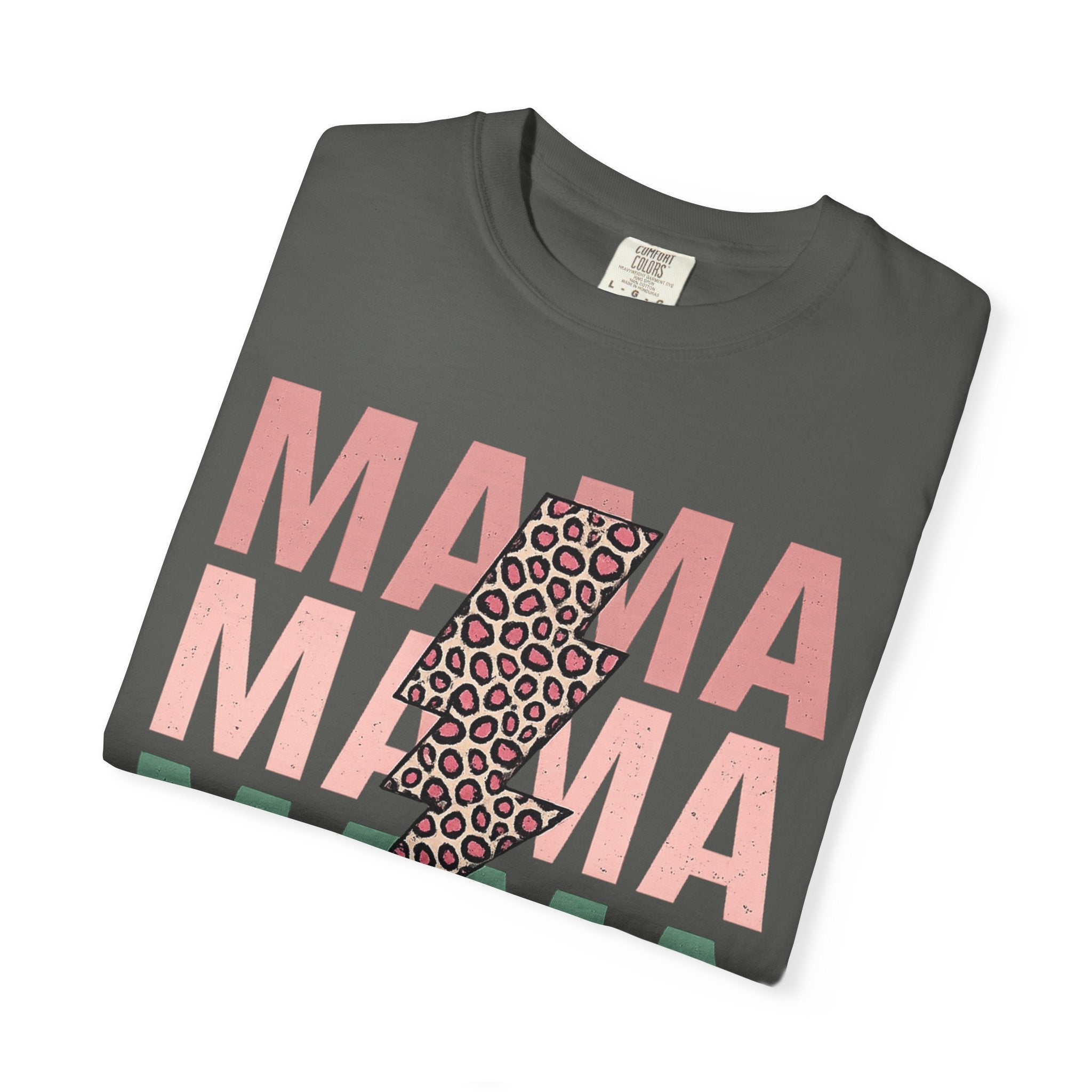 Mama Lightning Bolt T‑Shirt — Leopard Print Lightning & Retro Repeat “MAMA” Graphic