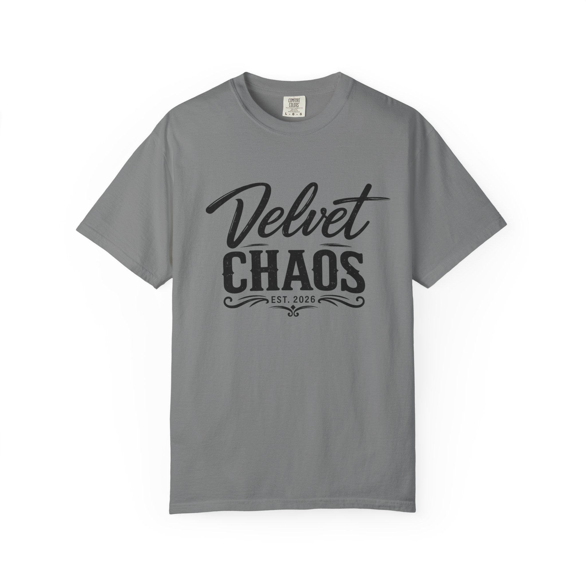 Velvet Chaos Graphic Tee — Vintage Script "Velvet Chaos" T‑Shirt
