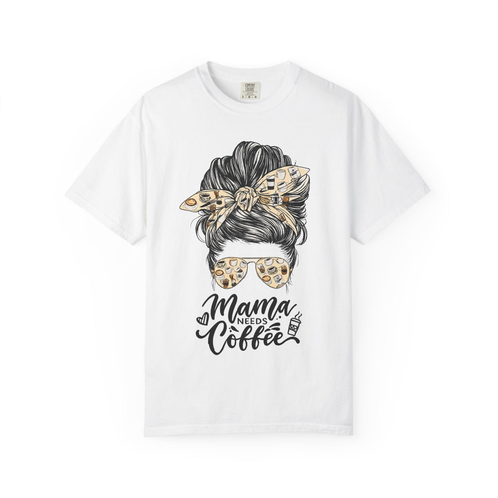 Mama Needs Coffee T-Shirt — Messy Bun Leopard Bandana Mom Tee