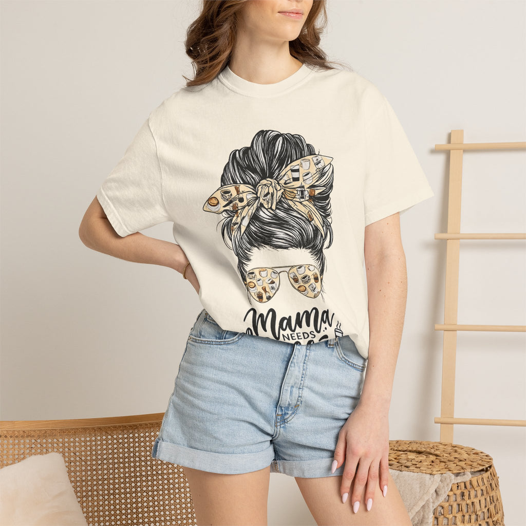 Mama Needs Coffee T-Shirt — Messy Bun Leopard Bandana Mom Tee