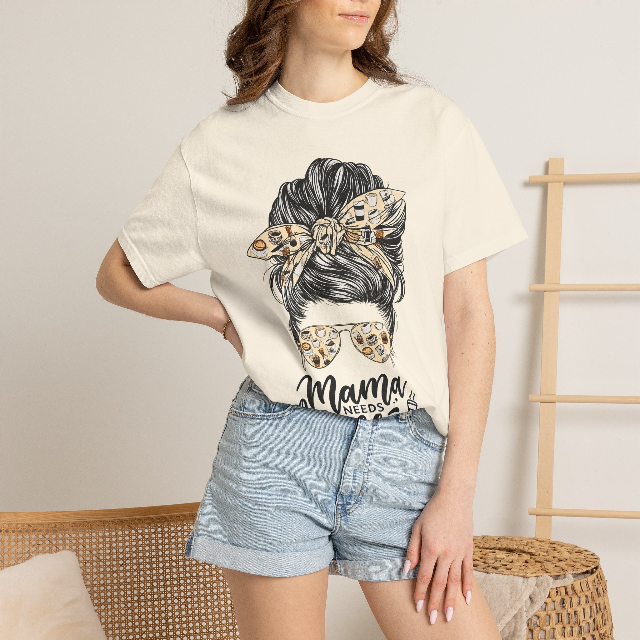 Mama Needs Coffee T-Shirt — Messy Bun Leopard Bandana Mom Tee