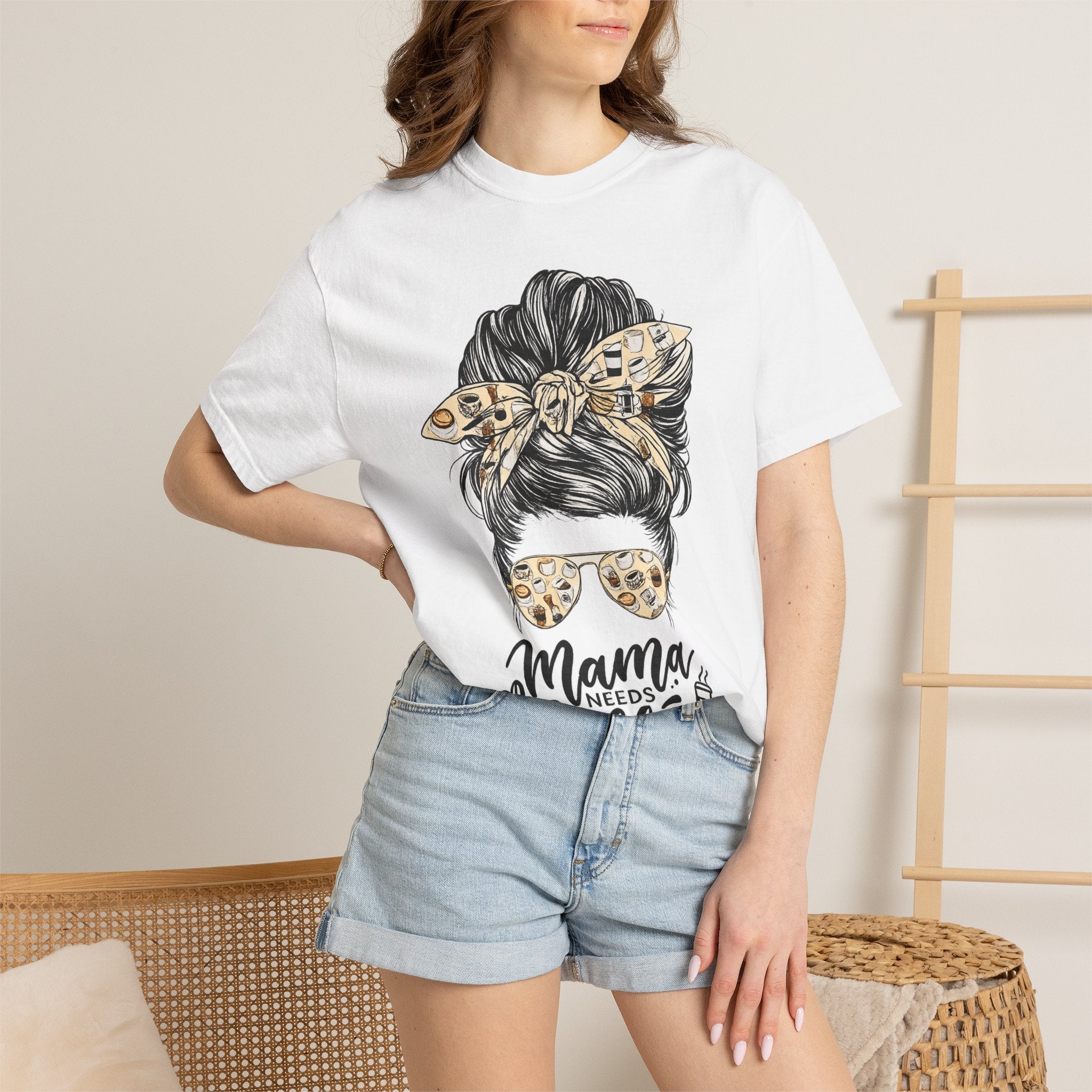 Mama Needs Coffee T-Shirt — Messy Bun Leopard Bandana Mom Tee