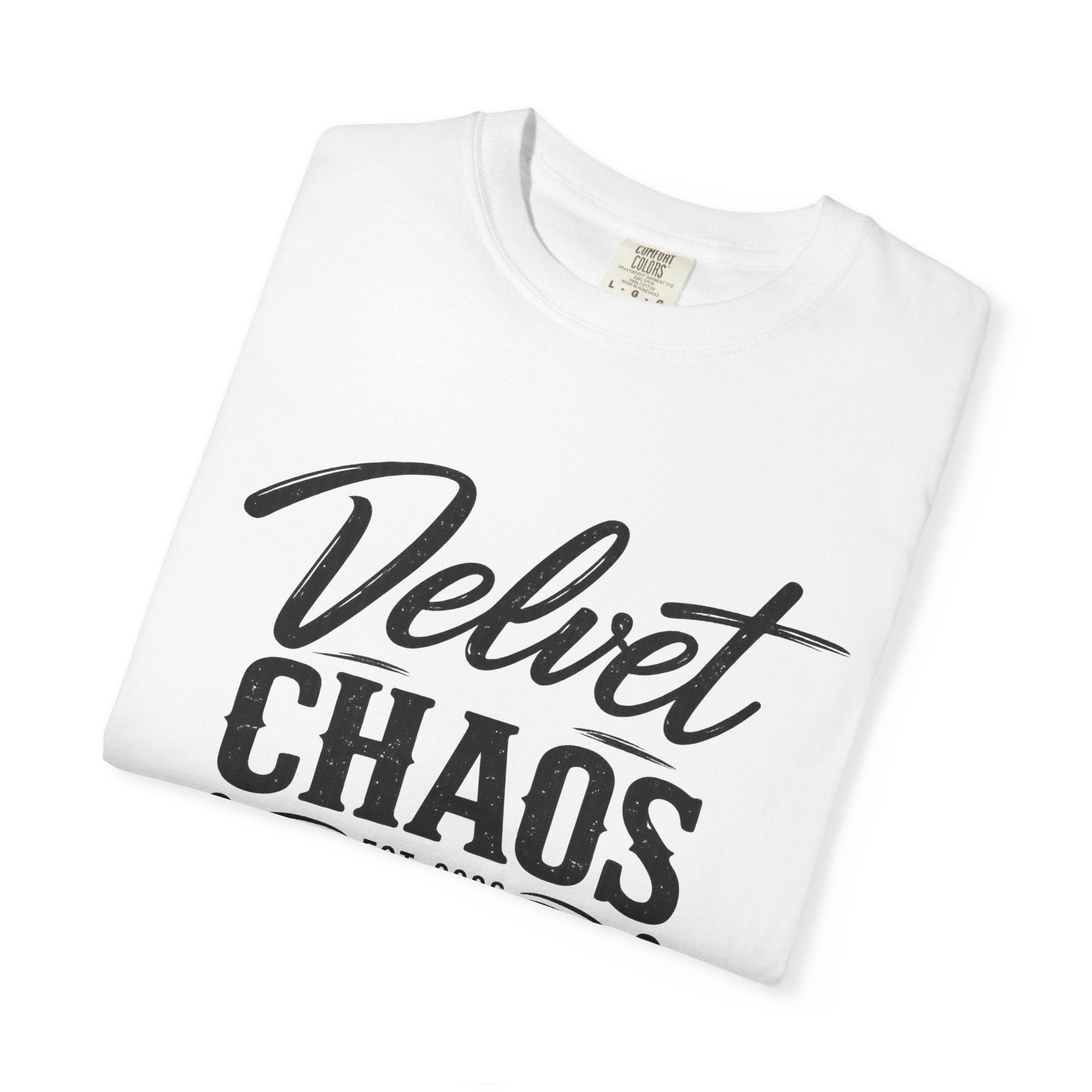 Velvet Chaos Graphic Tee — Vintage Script "Velvet Chaos" T‑Shirt