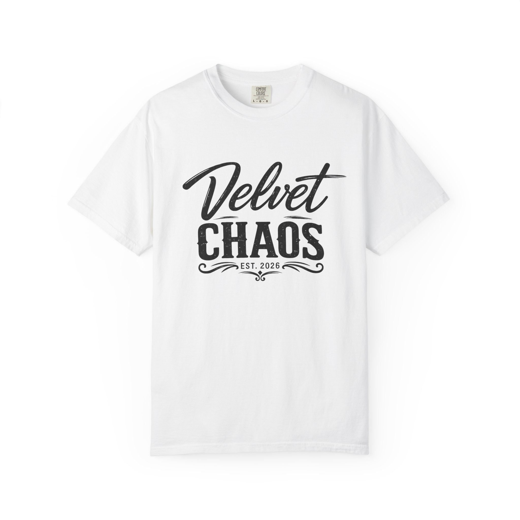 Velvet Chaos Graphic Tee — Vintage Script "Velvet Chaos" T‑Shirt