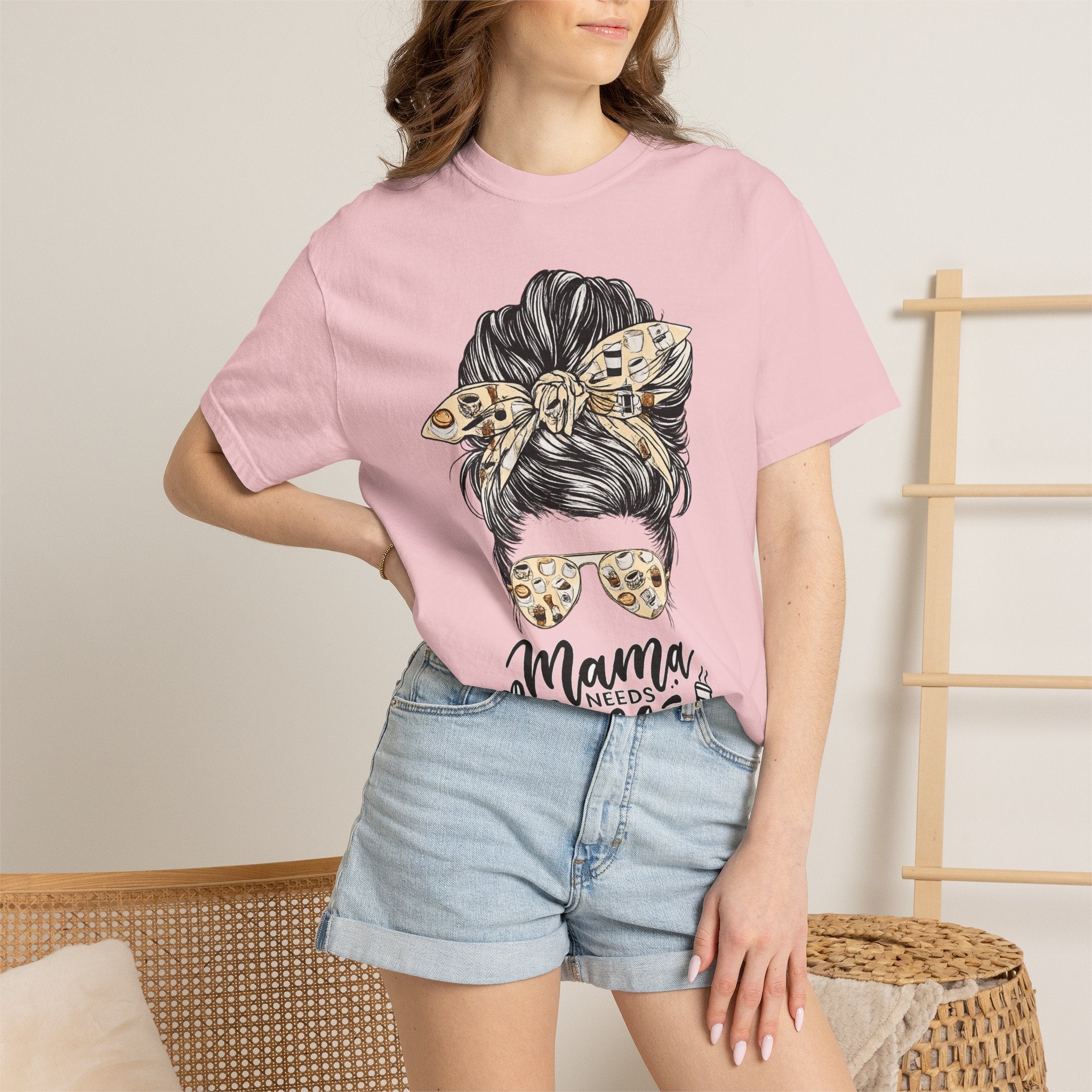 Mama Needs Coffee T-Shirt — Messy Bun Leopard Bandana Mom Tee