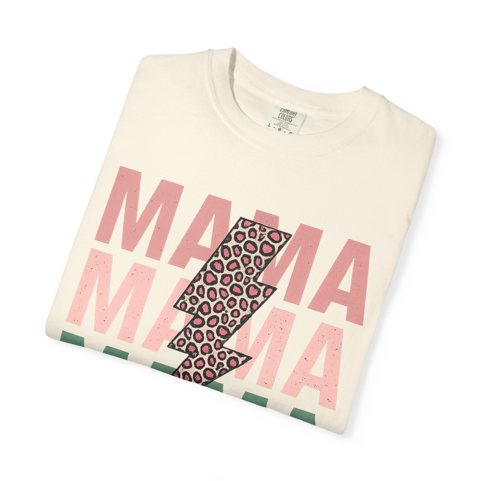 Mama Lightning Bolt T‑Shirt — Leopard Print Lightning & Retro Repeat “MAMA” Graphic