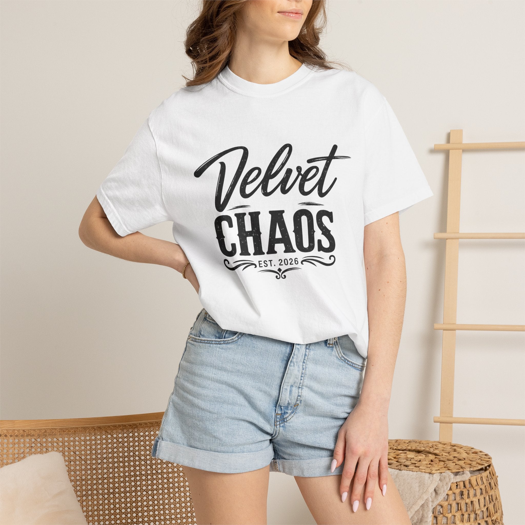 Velvet Chaos Graphic Tee — Vintage Script "Velvet Chaos" T‑Shirt
